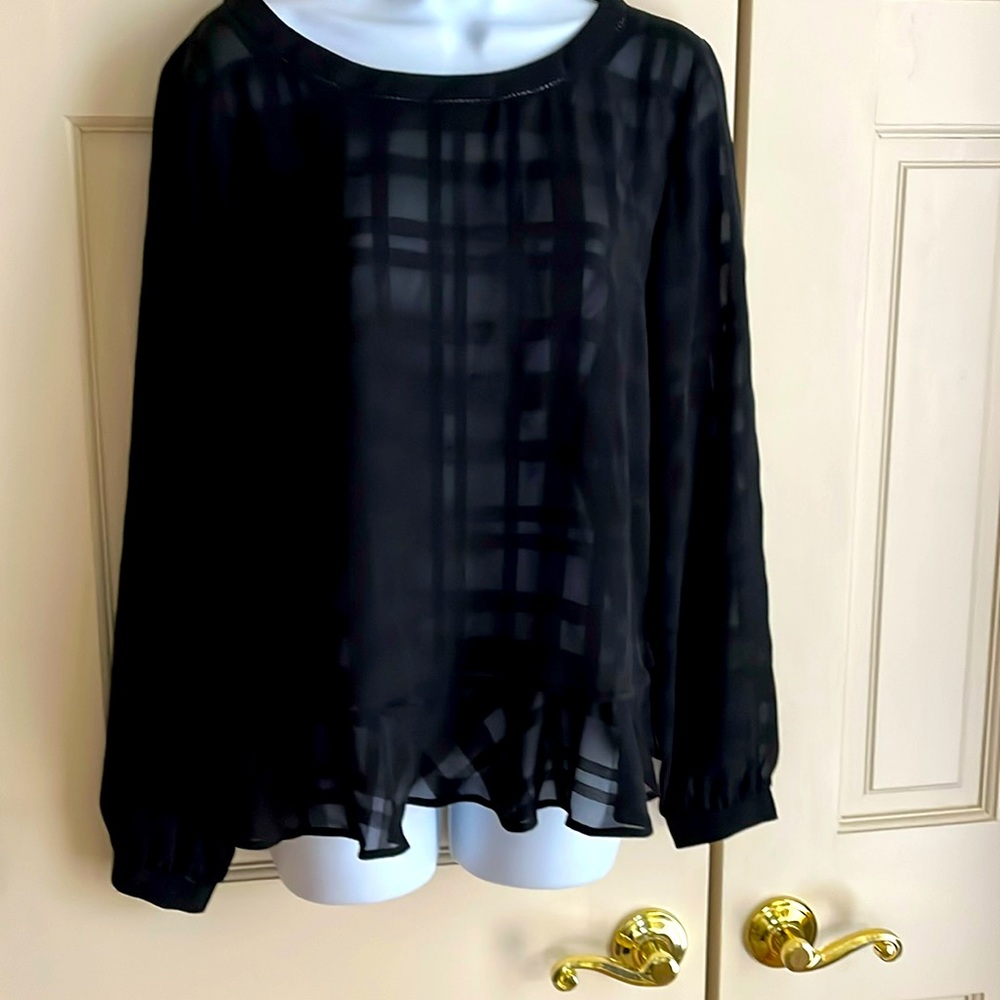 Women’s Loft Blouse, Black sheer fabric with flounce bottom.